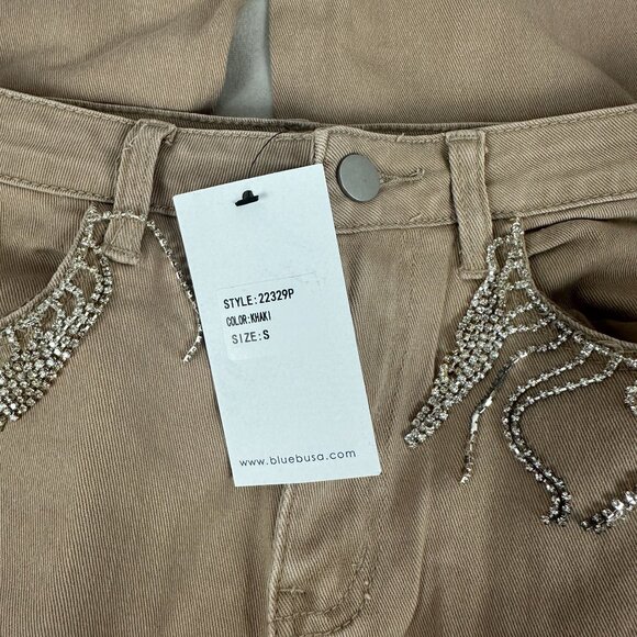 Blue B Womens Beige High-Waisted Flare Pants Rhinestone Fringe Pockets Size S - Picture 7 of 8